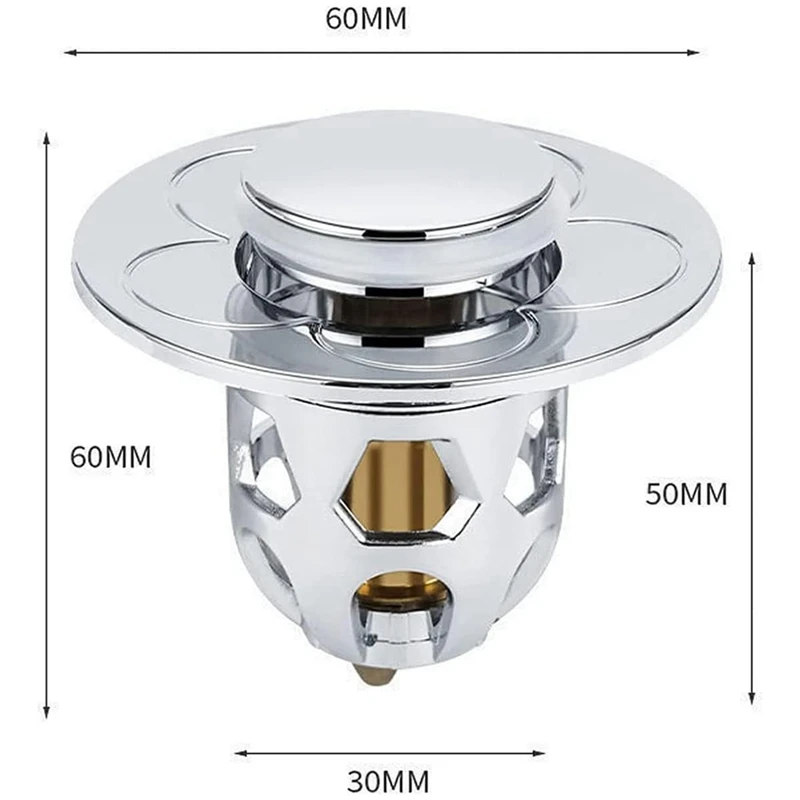 AB15-Stainless Steel, Rebound Core Push Type Sink Plug, Universal -Up Drain Strainer With Anti Clogging Sieve 34-40 Mm