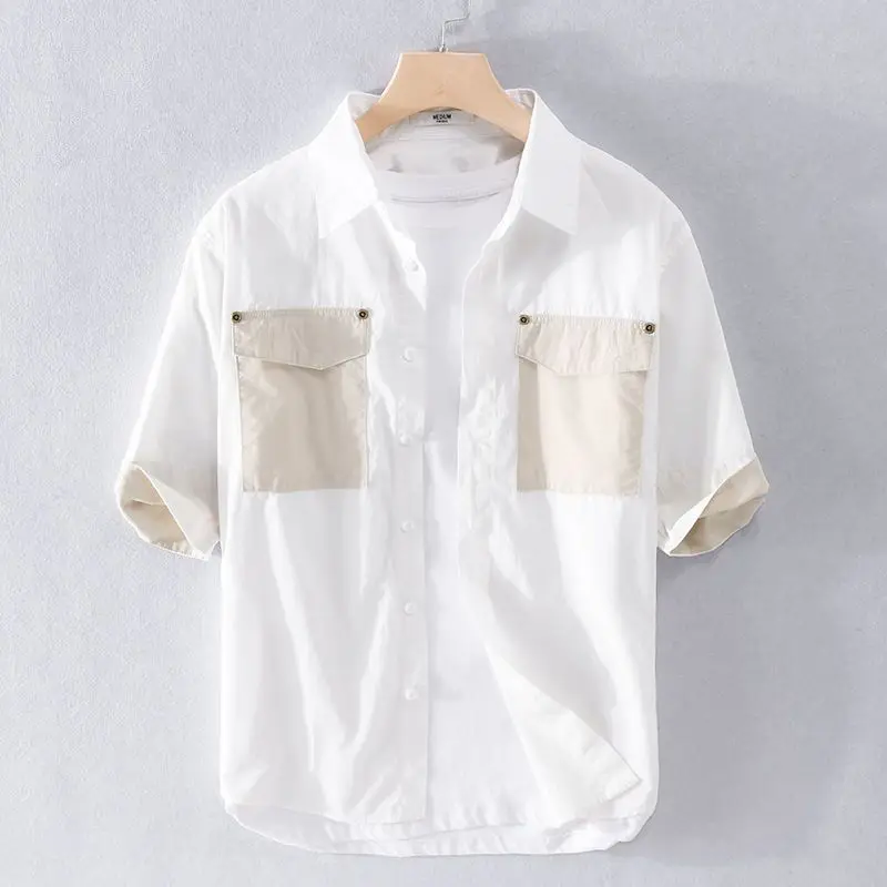 2024 Summer Minimalist Casual Loose Oversize Fashionable Lapel Color Blocking Patchwork Versatile Short Sleeved Shirt for Men