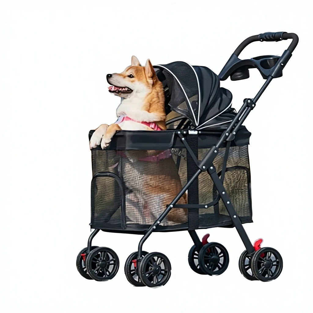 Large Space Pet Stroller With One Click Folding Universal Wheels Breathable Pet Exit Car Pet Stroller