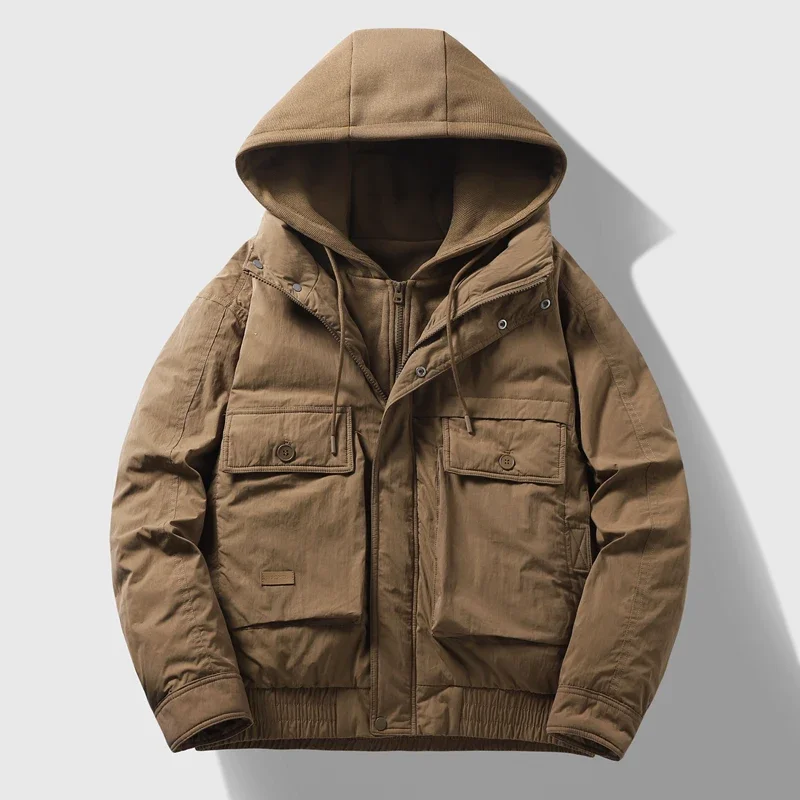 سترة رجالية كاجوال كبيرة الحجم بغطاء للرأس، لون سادة، نمط منتفخ مع حشوة البط الأبيض، معطف يومي متعدد الاستخدامات