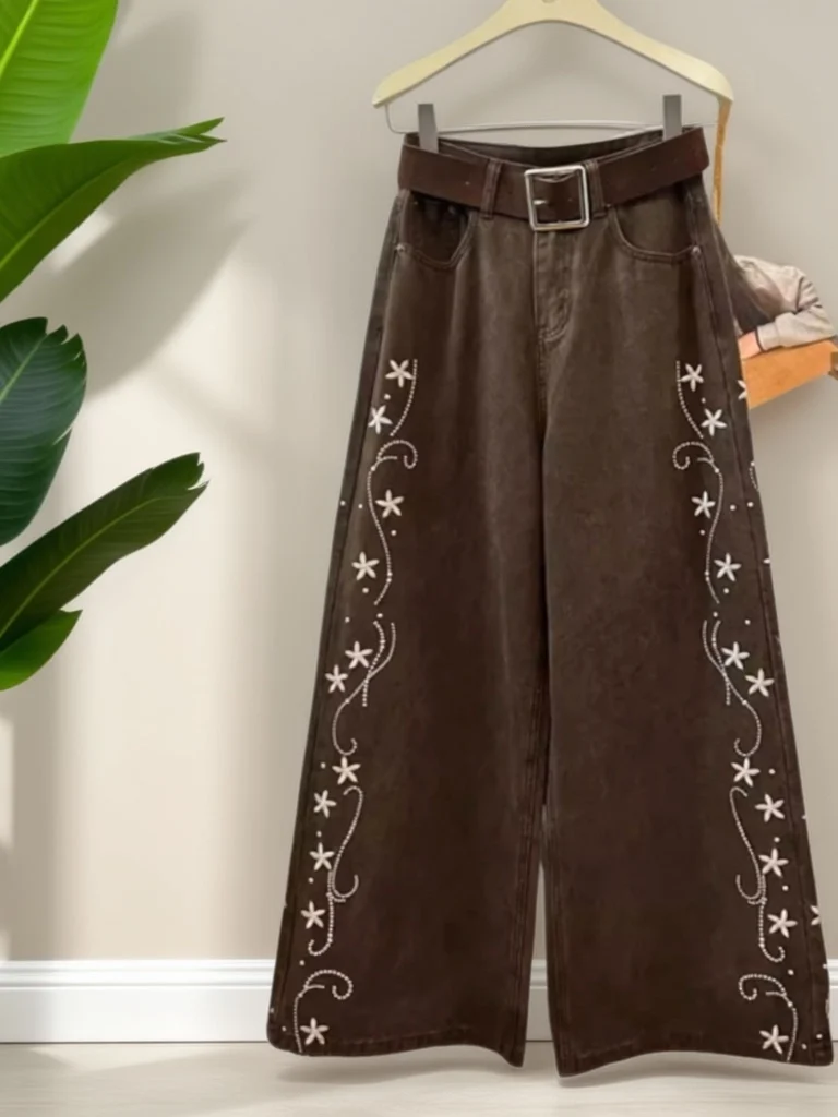 

Джинсы с высокой талией и цветочной вышивкой кофейного цвета, широкие брюки для женщин, весенний сезон, повседневные, с множеством карманов, водоотталкивающие