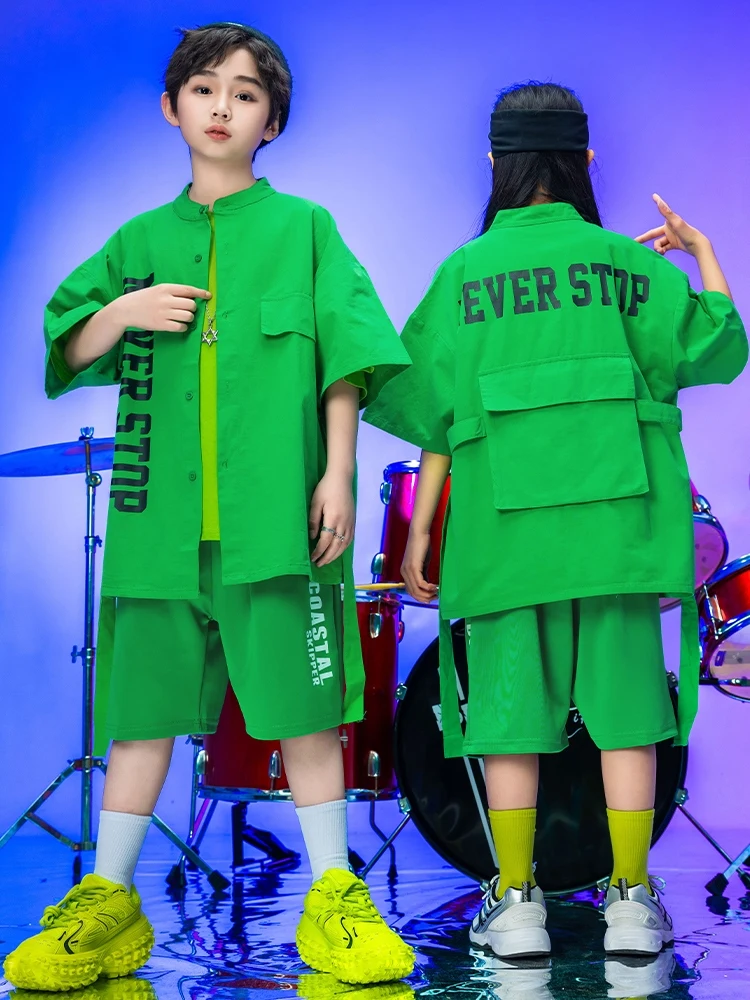 Zomer Losse Groene Hiphop Outfit Voor Kinderen Streetdance Kleding Korte Mouwen Shirt Jongens Meisjes Jazz Comeptition Kleding Bl12611