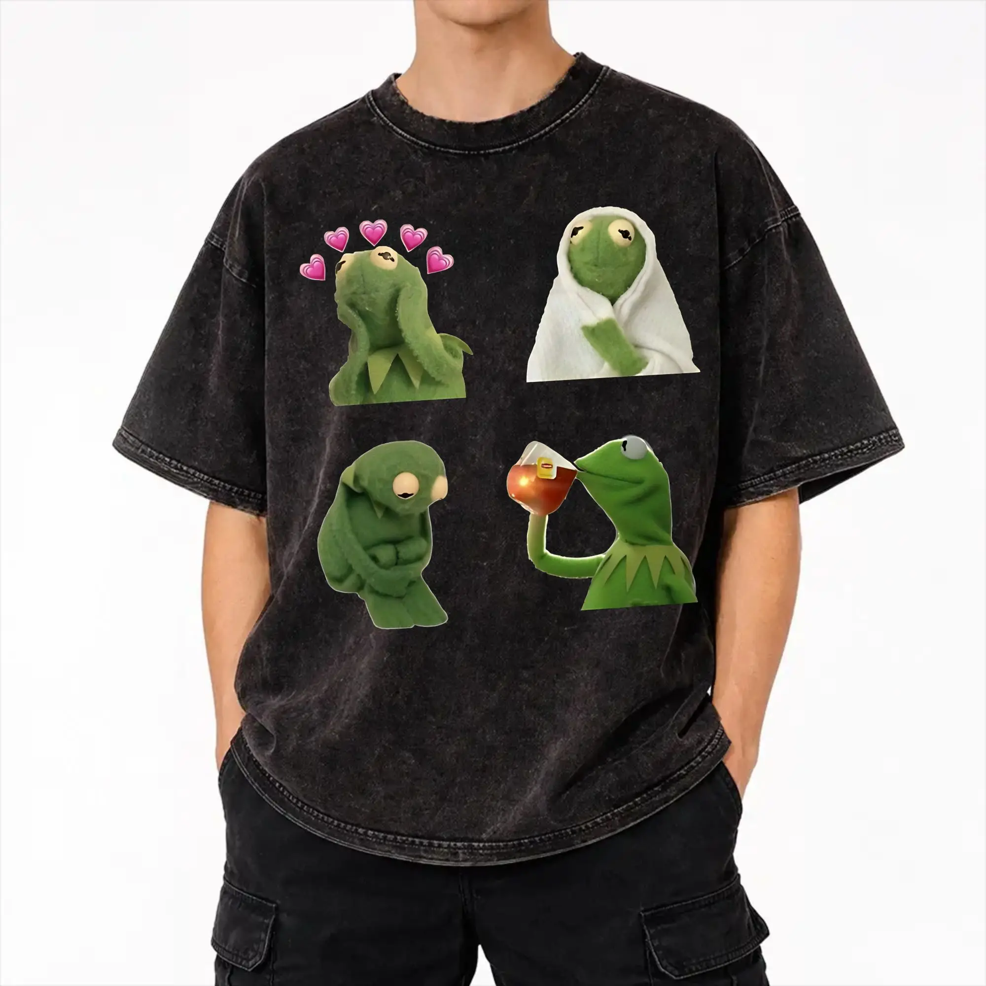 Kermits the Frog Washed T Shirts Streetwear Hip Hop Fashion T-Shirts  Tee Shirt for Men Women Cotton Oversize