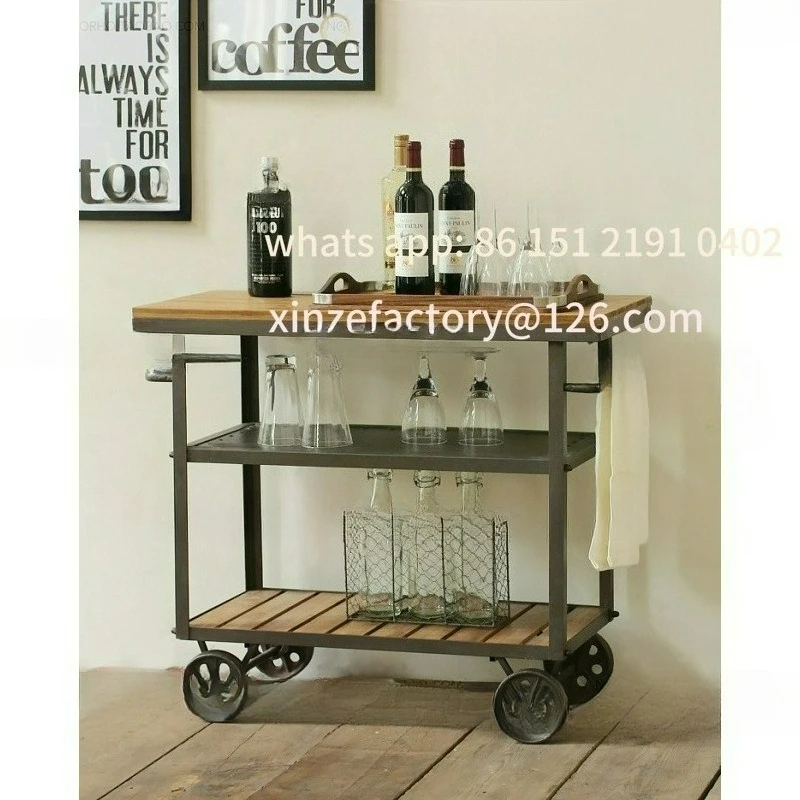 

Customizable Iron Solid Wood Vintage Food Cart Wine Tea Trolley Mobile Kitchen Shelf Three Layer Cart Sideboard