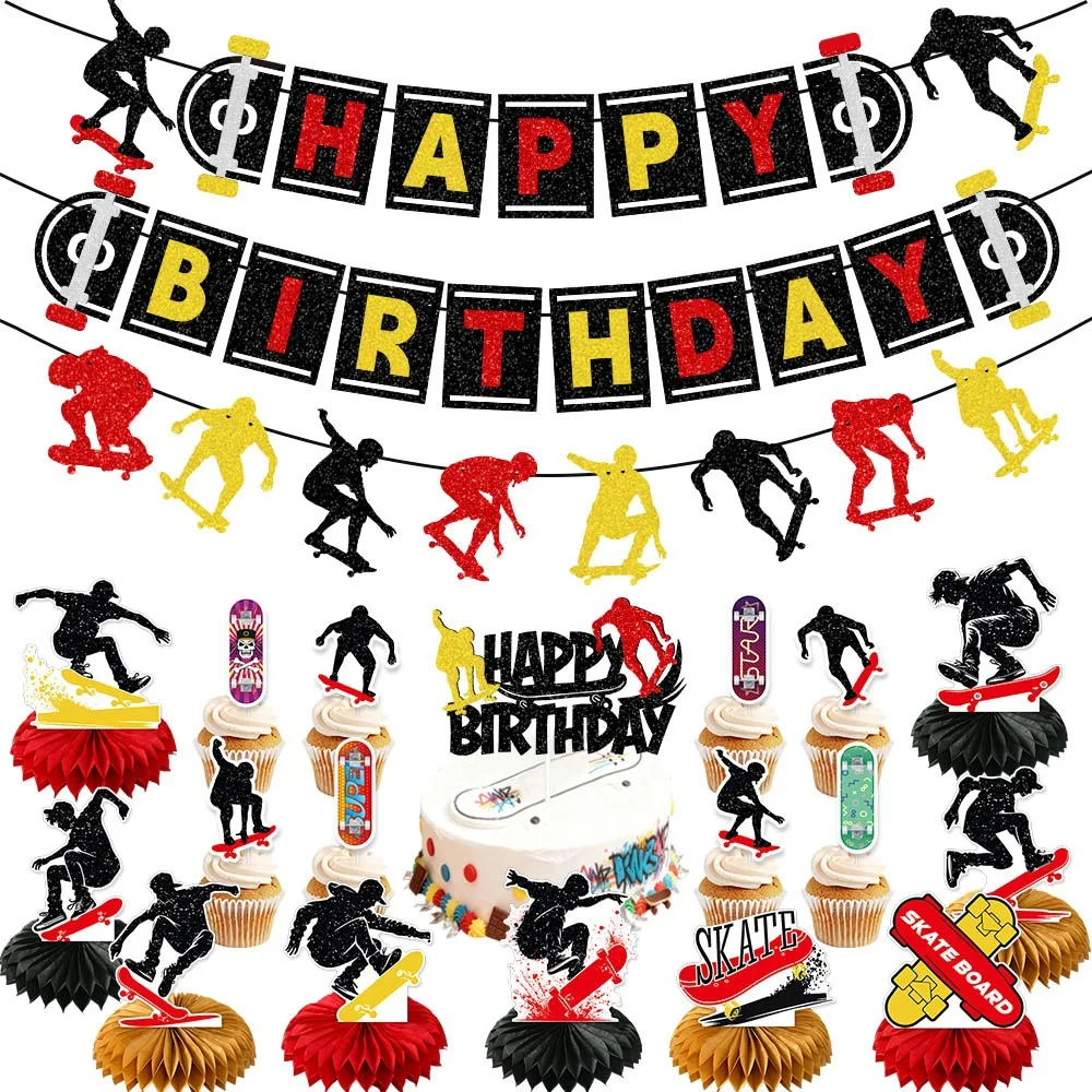 Sport Skateboard Thema Alles Gute zum Geburtstag Banner Kuchen Topper Waben Ornament für Kinder Jungen Geburtstag Party Foto Requisiten Dekoration