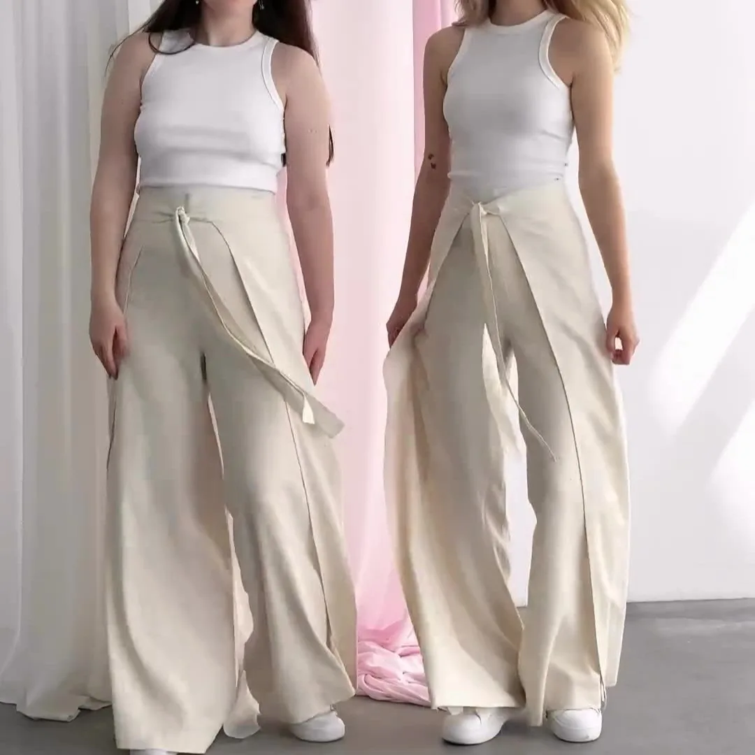 2025 Summer Solid Color Fashion Lace-up Wide-leg Culottes Women's New European and American