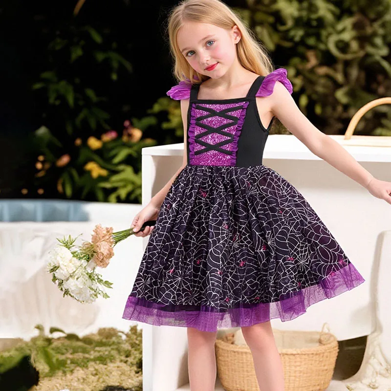 

Spooky Halloween Costumes For Girls Black Purple Spiderweb Pattern Children Clothes Carnival Lace Girls Dress For Parties Prom