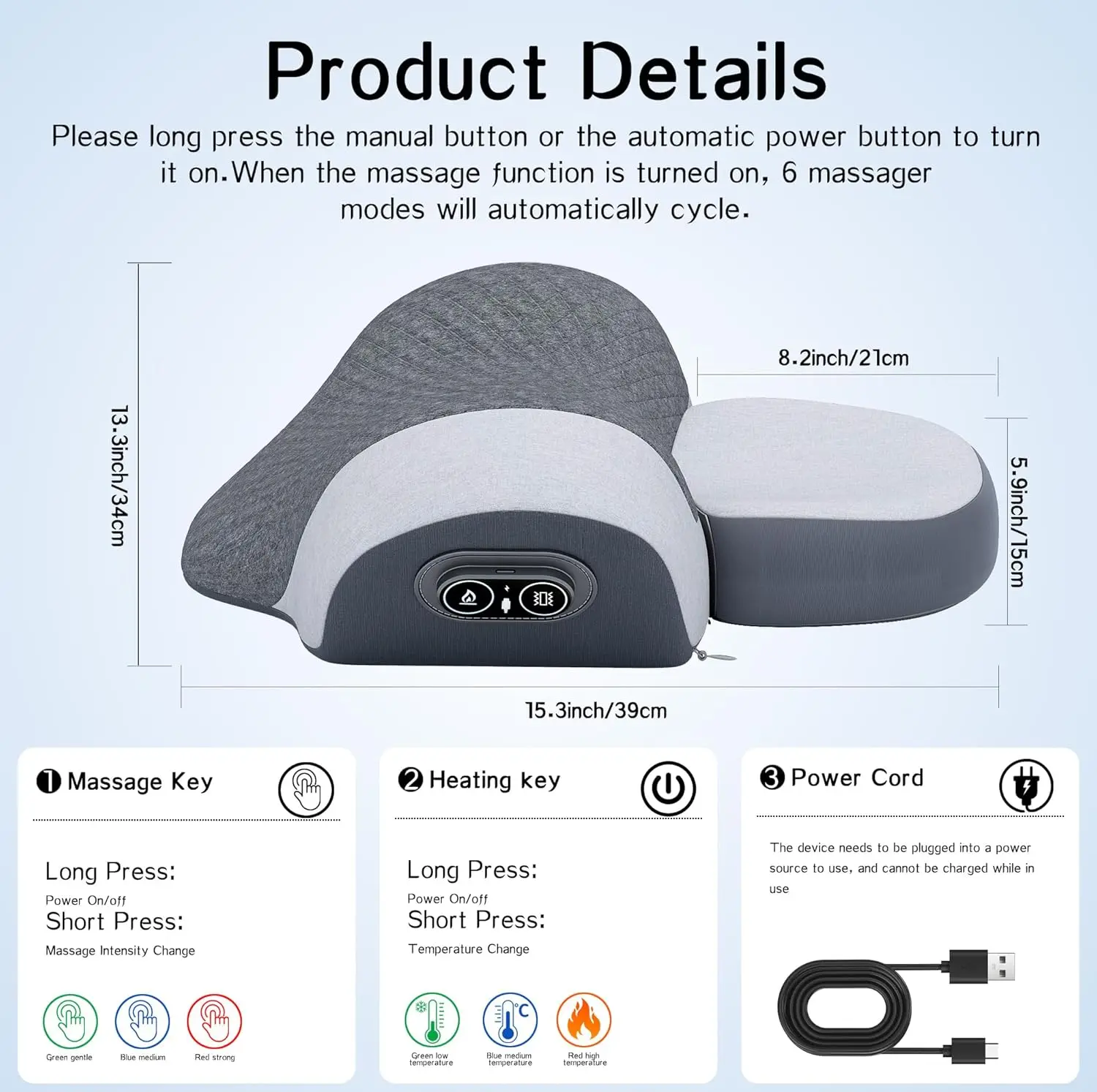 Almofada massageadora de pescoço 3 em 1 com suporte térmico e cervical, corretor de corcunda de espuma viscoelástica (cinza)