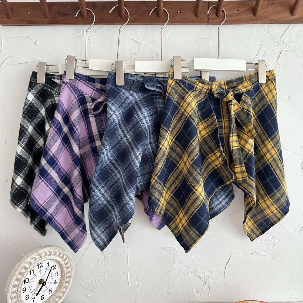 Casual Unisex Irregular Plaid Skirt Bow-Knot Elastic Waist Shirt Style Blue White Lattice Mini A-Line Shortskirt