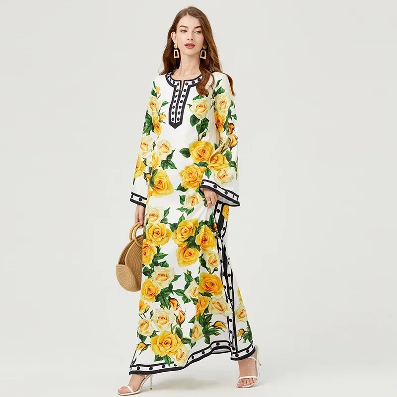 2024 New Summer Yellow Rose Flower Dot Print Long Dress Oversize Loose Bohemian Women O Neck Flare Sleeve Split Holiday dress