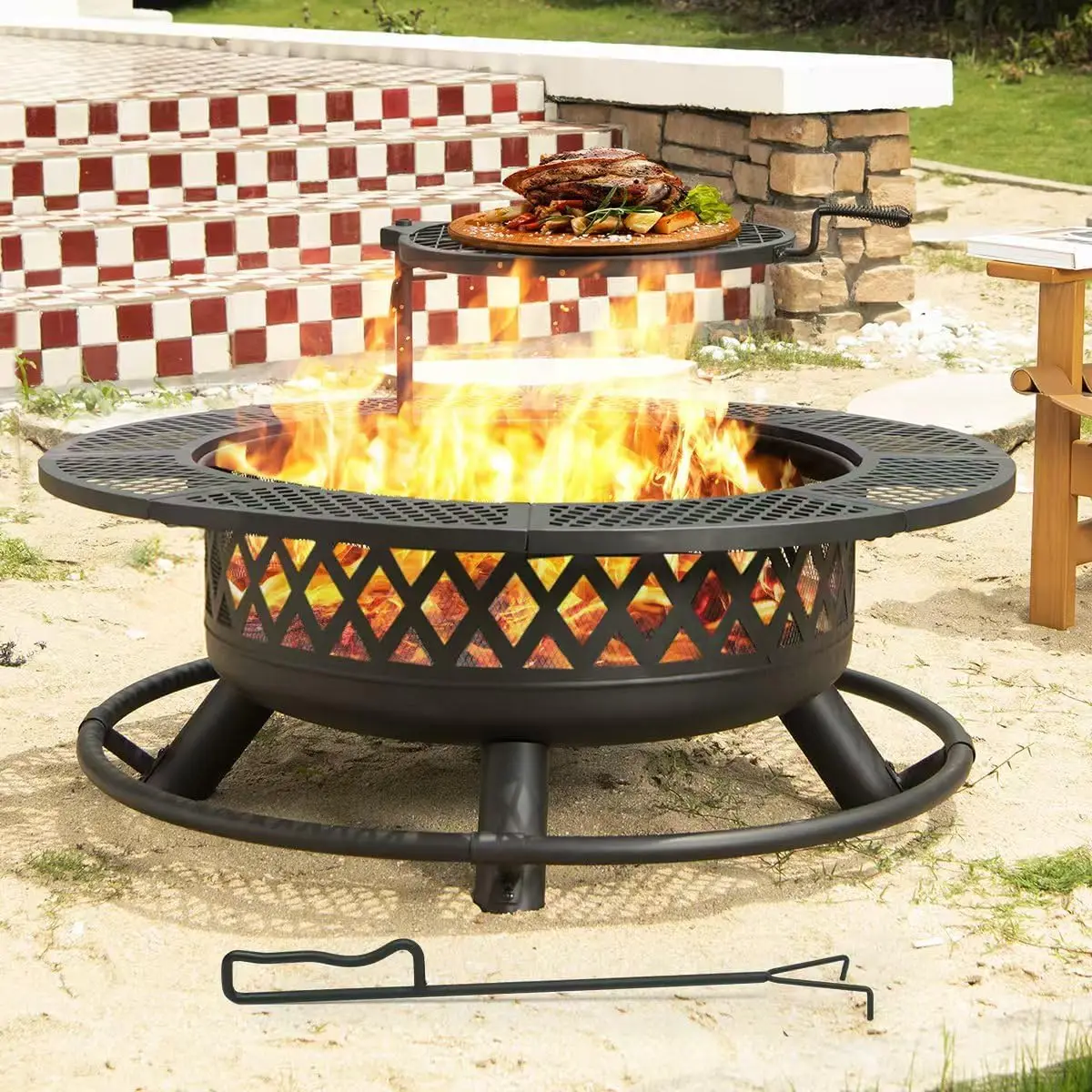 42 Inch Outdoor Fire Pit with Grill, Metal Round Fire Pits,3 in 1 Wood Burning Fire Pits & Outdoor Fireplaces