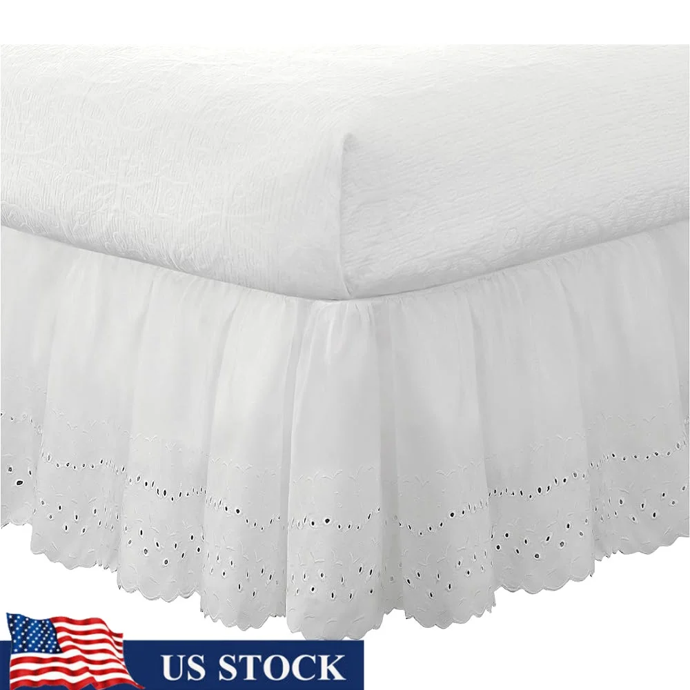 

Ruffled Eyelet Bed Skirt Dust Ruffle Embroidered Details Microfiber Full Size 14 Inch Drop Elegant Decoration Hidden Storage