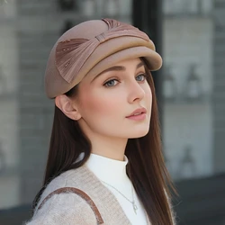 Autumn and winter wool hats, woolen hats, berets, fashionable and versatile short brimmed duckbill hats, butterfly bows