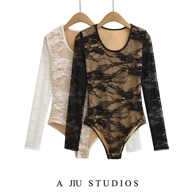 Sexy Lace Double Layer Long Sve Onesie Women's High Waist Slimming Top Hot Girl Base irt Autumn Commute Straight Leg o...