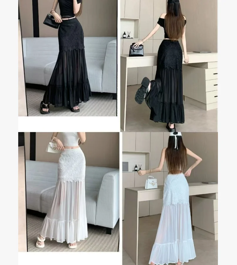 

Women's Summer Lace Half length Skirt, Sexy, Micro Transparent Mesh Splicing Skirt, Drop feeling, Versatile Mid length Skirt