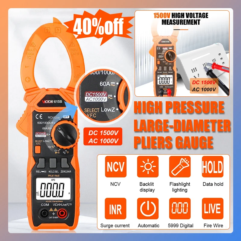 

VICTOR 615B DC 1500V AC DC 1000ATrue RMS Digital Clamp Multimeter 5999 Counts with Live NCV V.F.C Surge Current Clamp Meter