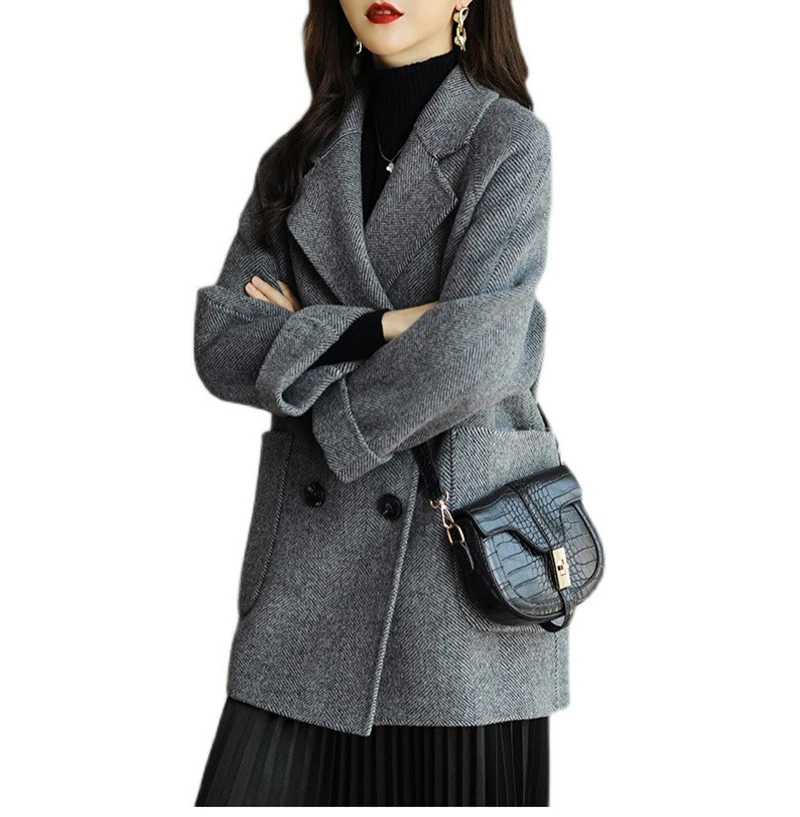 

Slimming Checkered Woolen Coat Loose Fit Tailored Collar Women's Fashion Autumn New Style Small Size Versatile Outerwear