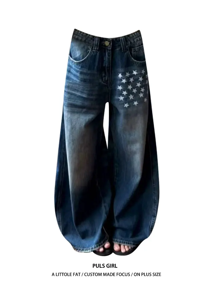 

Retro American Large Size Women's Jeans Printed Washed down Star Pattern Loose Drapey Wide Leg Long Pants High Waist Casual