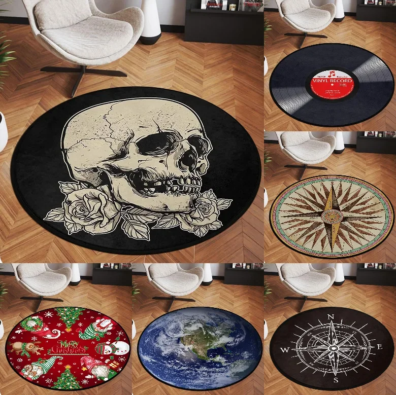 Circular Carpet Mat Retro Skull Rose Floor Mat Vinyl Record Compass Earth Pattern Carpet Living Room Bedroom Home Decoration