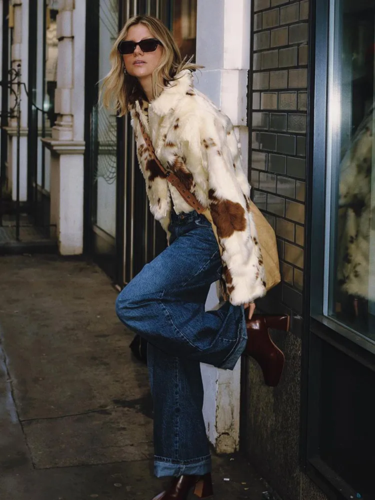 

Animal Printed Turn-down Collar Short Jackets Women Fashion Solid Fur Zipper Pockets Coats Female Autumn Winter Chic Casual Coat