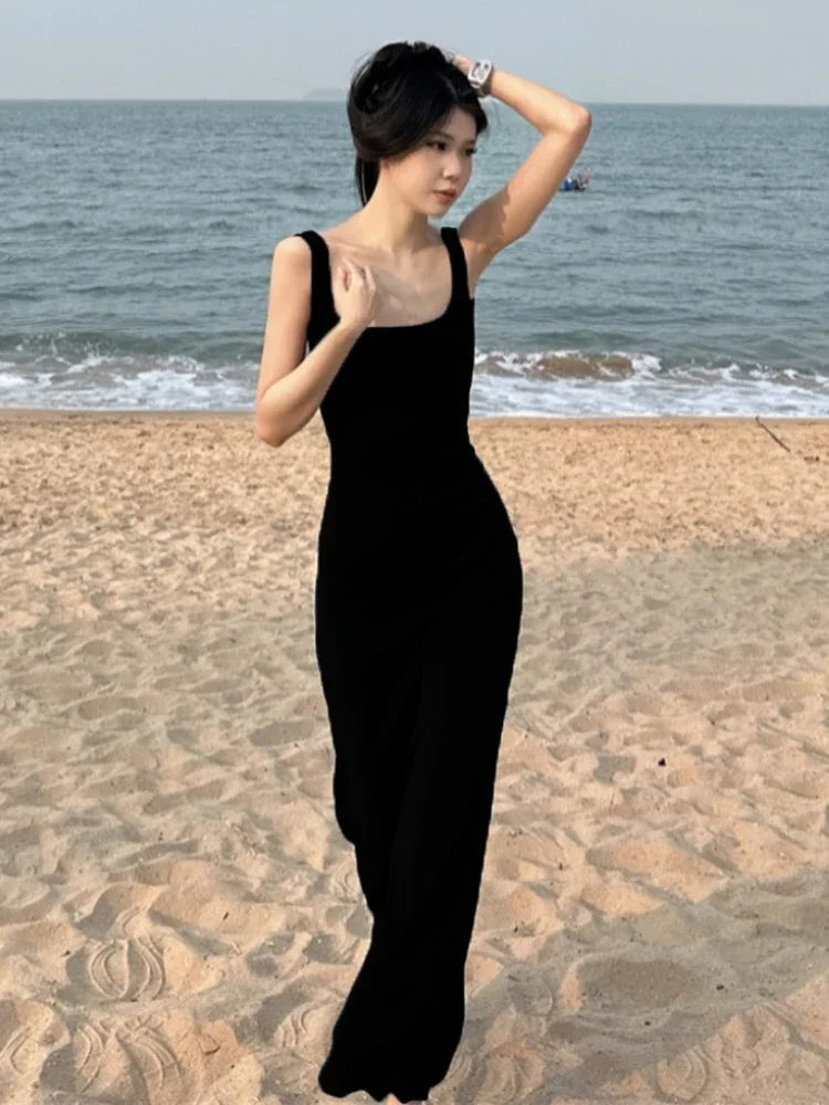 فستان نسائي على شكل حرف a تونيك عصري ماكسي مثير على طراز الشاطئ فيستدوس هوتسويت أشرطة سباغيتي للنوادي الليلية الصيف Y2k عطلة جمالية