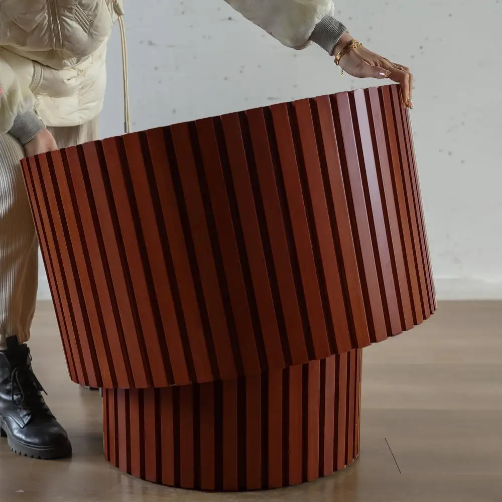 

Round Wood Coffee Table Handcrafted Relief Modern Accent Durable No Assembly Small Space Apartment Living Room