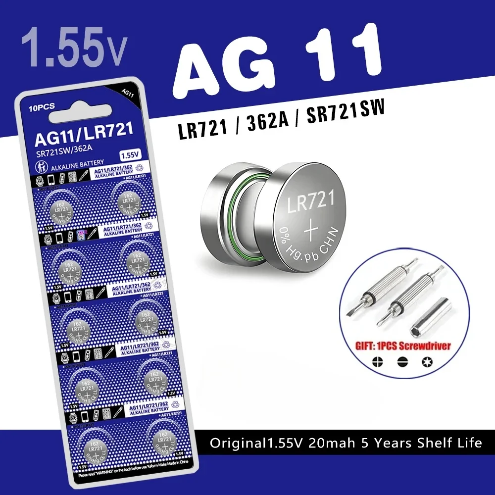 

AG11 LR721 1.55V Lithium Button Cell SG11 LR58 SR58 162 361 362 LR721 SR721 SR720 L721F Coin Cell for Watch Toys