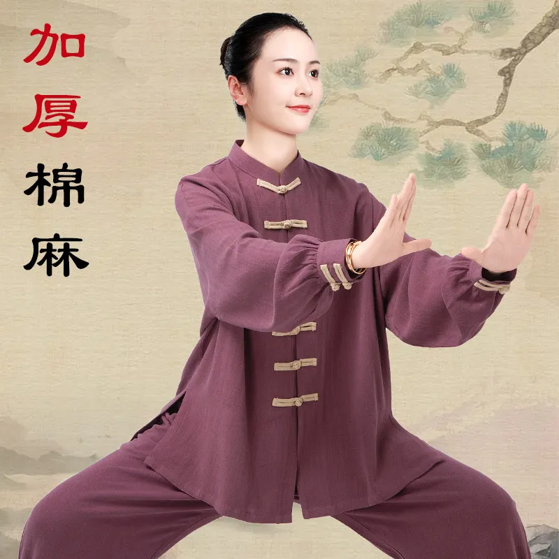Martial Arts Tai Ji Suit Women's   Thickened Cotton and Linen Eight-Section Brocade Exercise Clothing Autumn Winter Coat Leisure