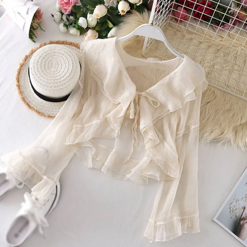 Women Chiffon Cardigan Ruffles Sun Protection Shirt Sunscreen Cropped   Lace-up Top Blouse Lightweight Sun Protection Tops