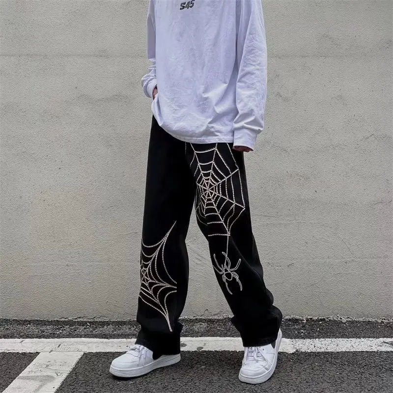 Spider Web Embroidery Straight Casual Jean Pants Men and Women Vibe Style Oversize Loose Mopping Denim Trousers Streetwear