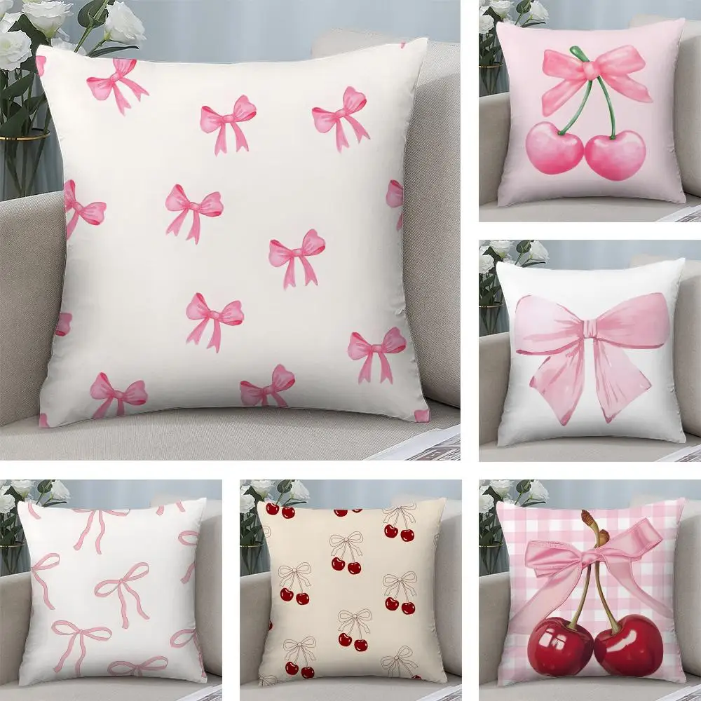 Pink Bow Cherry Cushion Cover Soft Plush Fabric Double-Sided Printed Sofa Cushion Cover for All Seasons Home Decor Gift