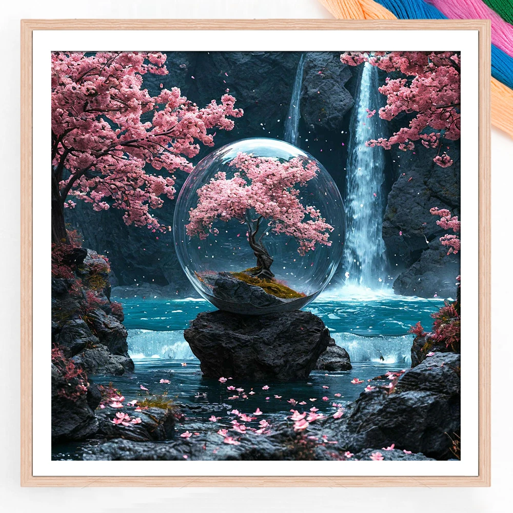 New Cross Stitch Crystal Ball Cherry Blossom Waterfall 11ct Needlework Full Embroidery Landscape Printed Canvas Handmade Gift