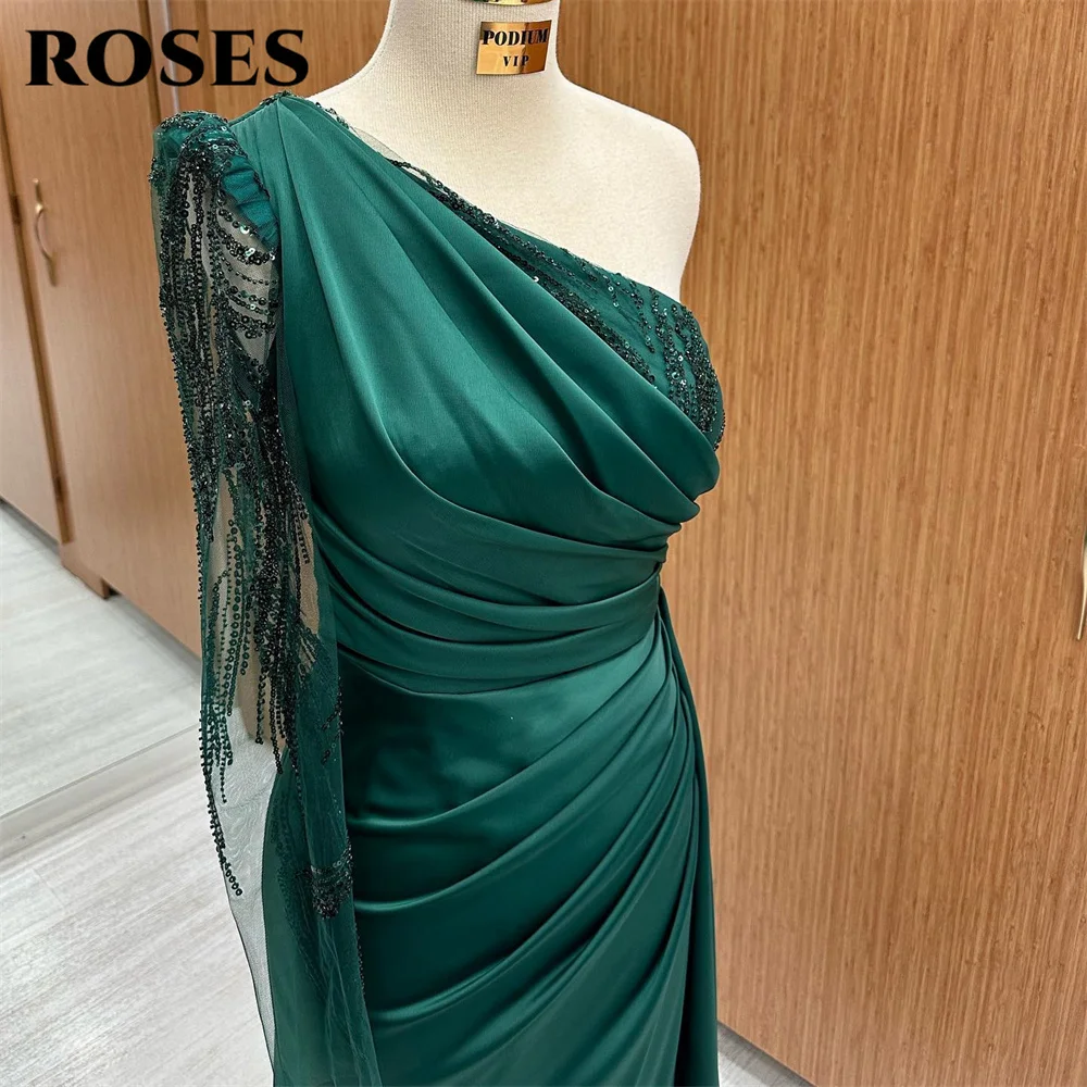 ROSES Green Evening Dress One-Shoulder Mermaid Prom Dress With Pleat Sequined Lace Party Dress Satin Floor Length فستان سهرة