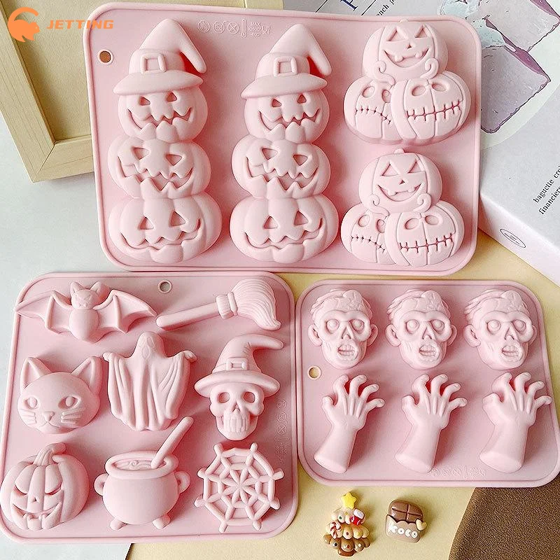 (New) Halloween Series Silicone Molds Pumpkin Head Bat Witch Hat Fondant Candy Ice Grid Chocolate Mould Pudding Cake Decoration