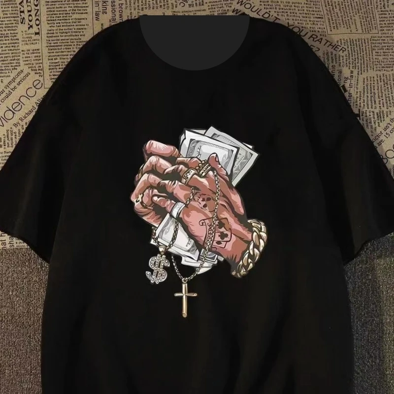

Unisex Oversized Cotton T - Shirt, Streetwear Style with Money & Cross Graphic Print, Trendy Hip - Hop Fashion for 2025