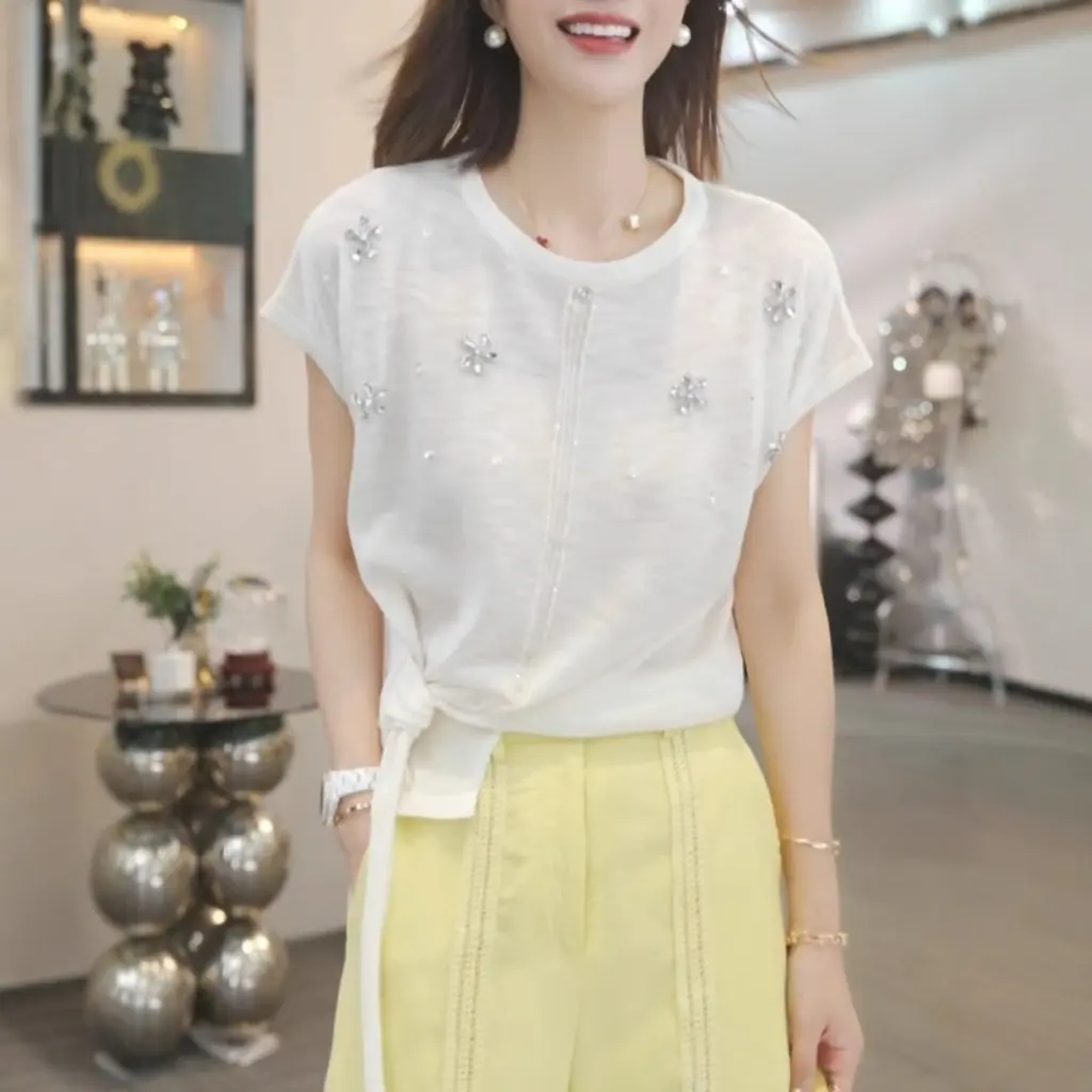 

Женская трикотажная одежда из ледяного шелка с бисером для тяжелой промышленности, летняя тонкая футболка с короткими рукавами, универсальный свободный топ, закрывающий живот