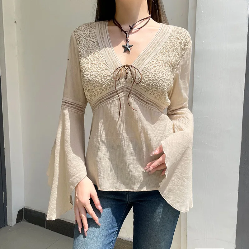 Fashion Casual Style Jacquard Mesh Cloth Lotus Sleeve Shirt Female Y2k New All-Matching V-Neck Lace-Up Loose Type Tops Trend