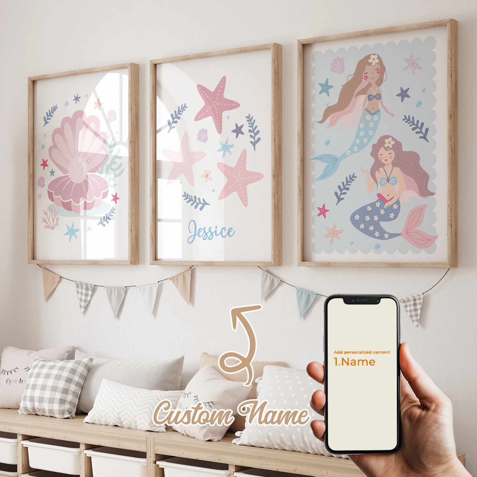 3-teiliges personalisiertes Wandbild mit individuellem Namen, Cartoon-Meerjungfrau-Muschel, Kunstdruck auf Leinwand, Poster, Gemälde, Wohnzimmer, Heimdekoration