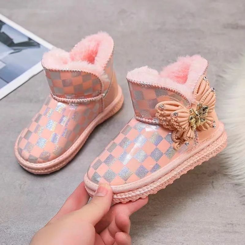 2024 real Autumn And Winter New Children's Warm Cotton Shoes Waterproof Leather Surface Medium And Large Children's Snow Boots