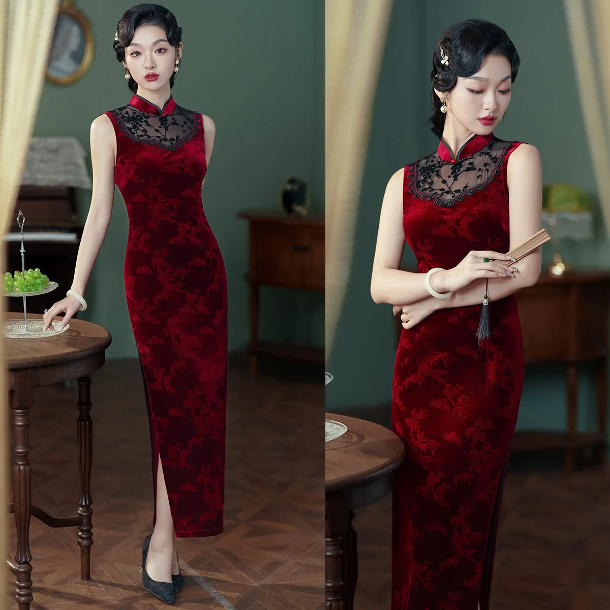 

Women's 2024 New Old Shanghai Qipao Chinese Tradition Cheongsam Retro Elegant Lady Velour Sleeveless Daily Dress Street Skirt