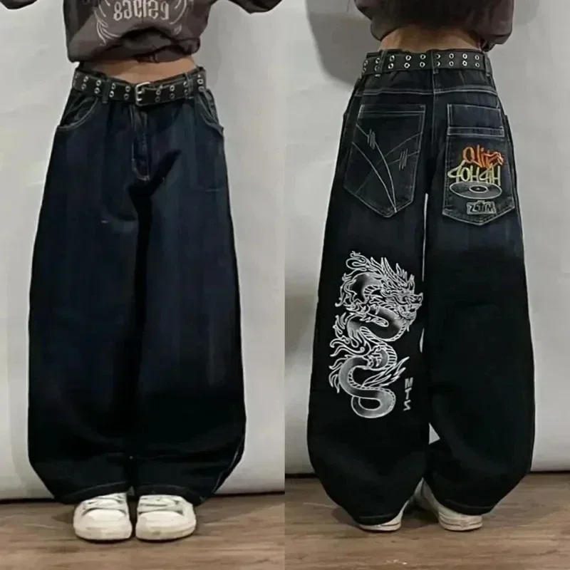 

2025 New American Fashion Retro Hip hop Embroidery Pattern Baggy Jeans For Mens Womens Y2K Harajuku Gothic Wide Pants Streetwear