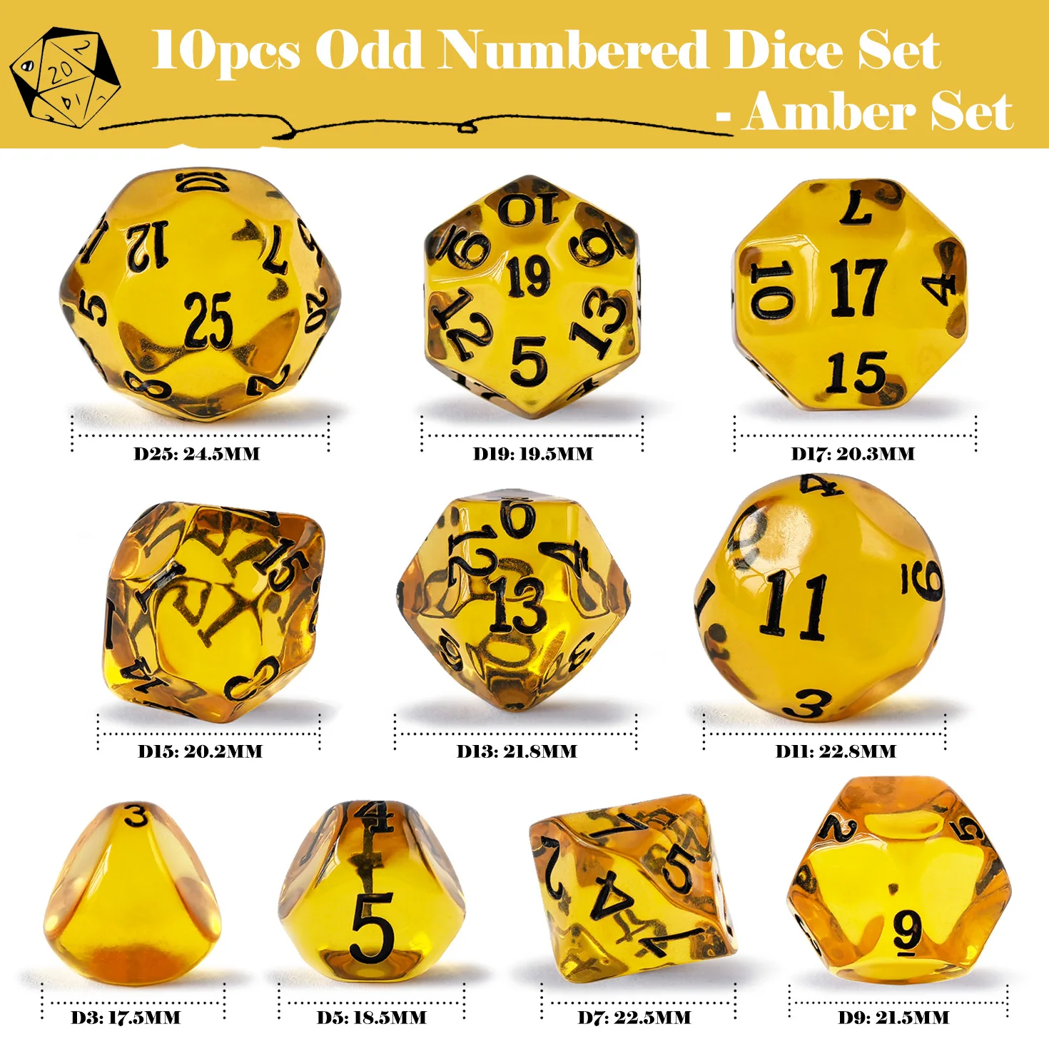 10 Pieces Odd Numbered Polyhedral Dice Set D3-D25,  Odd Number Dice Set Includes D3, D5, D7, D9, D11, D13, D15, D17, D19, D25