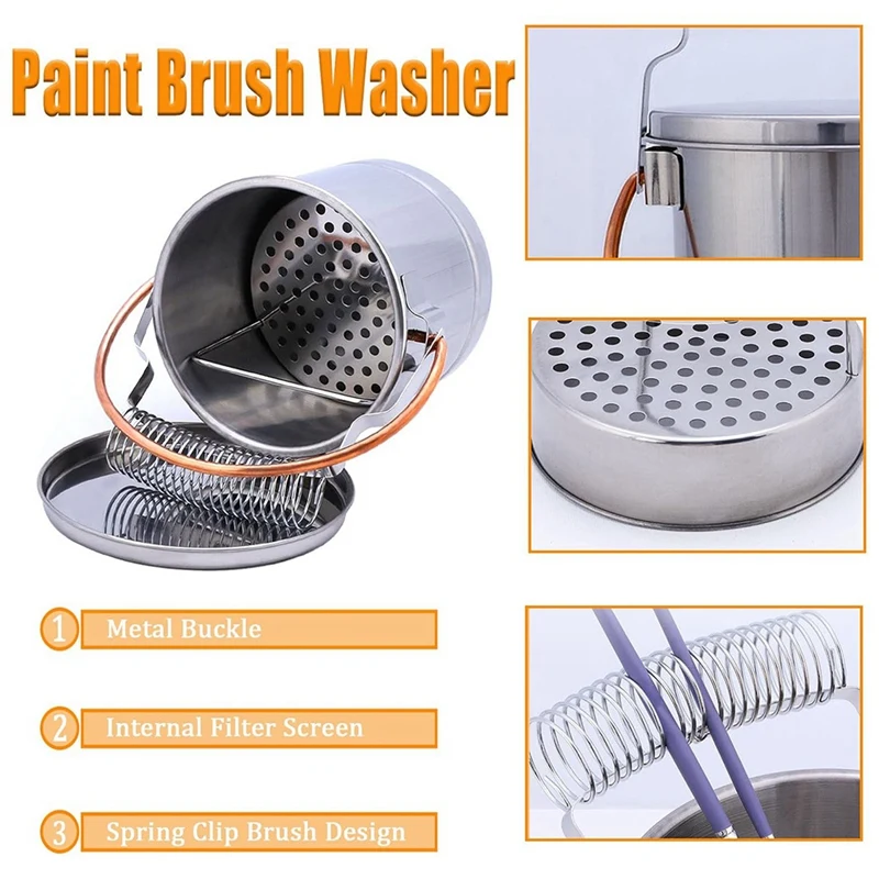 ABNO-Paint Brush Washer,Stainless Steel Paint Brush Holder With Large Capacity Wash Tank And Removable Screen