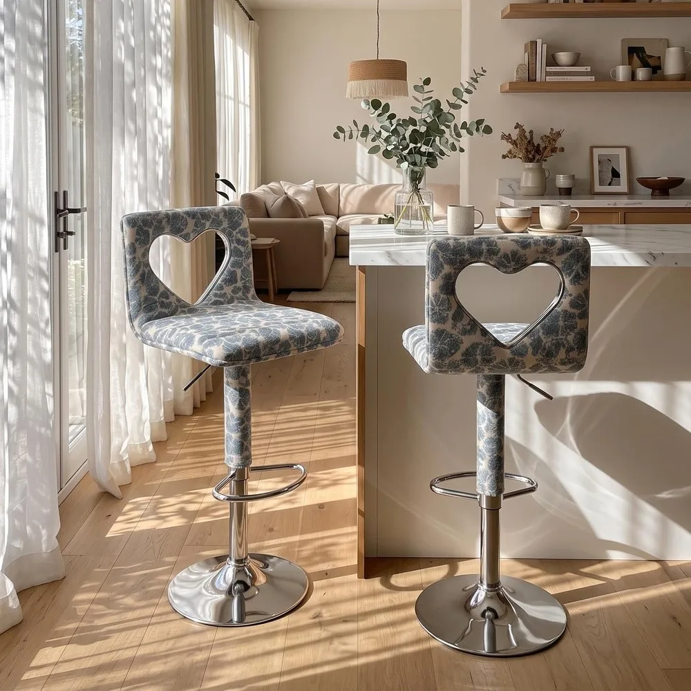 Heart Cutout Floral Bar stools Set of 2 Adjustable Swivel Counter Height Stool Carbon Steel Base Upholstered Seat for