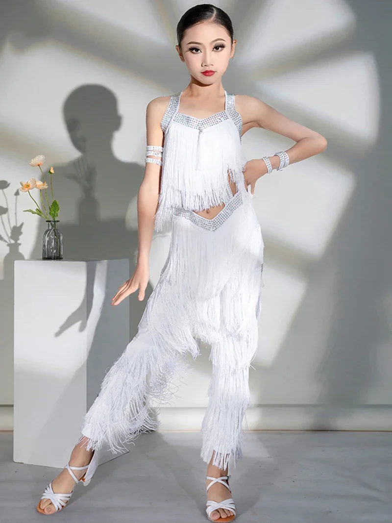 Girls Latin Dance Costume Rhinestone Tassel Tops Pants Cha Cha Rumba Samba Performance Wear Kids Competition Clothing TS497