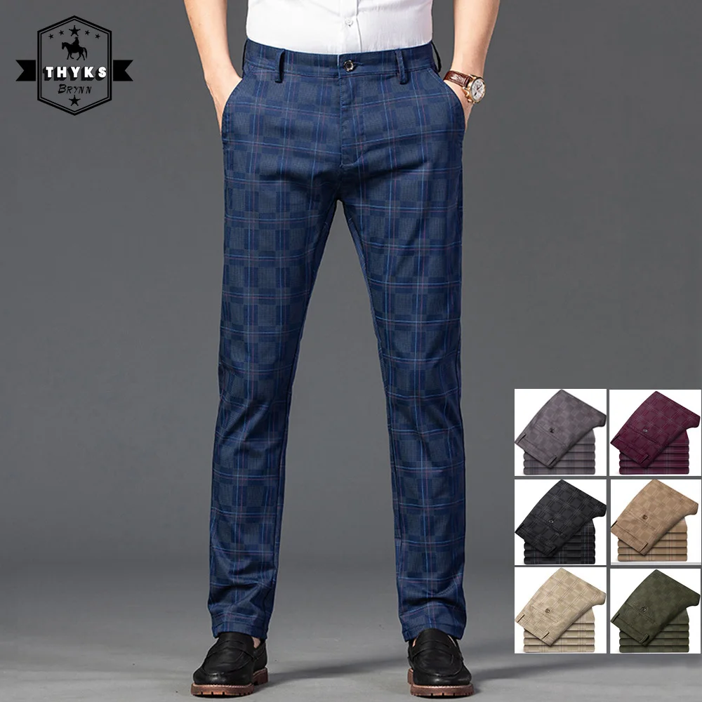 

2022 Spring Autumn New Mens Plaid Printing Pants Slim Fit Cotton Elastic Business Classic Trousers Brand Male Casual Clothing