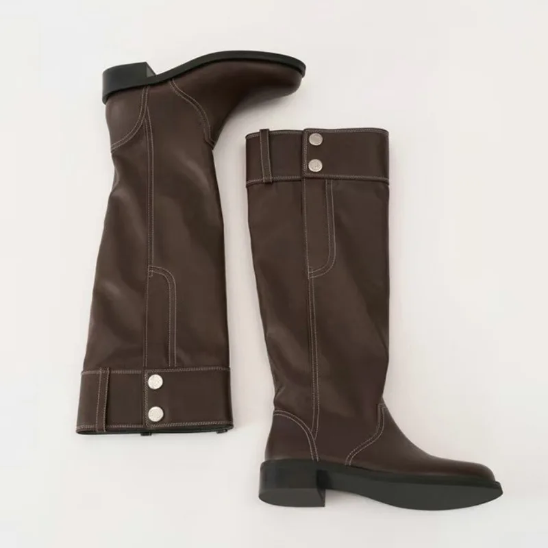 

PU Leather Spring And Autumn Round Toe Knee-High Women Boots Chunky Middle Heels Bottom Design Large Size Slim-Fitting Shoes