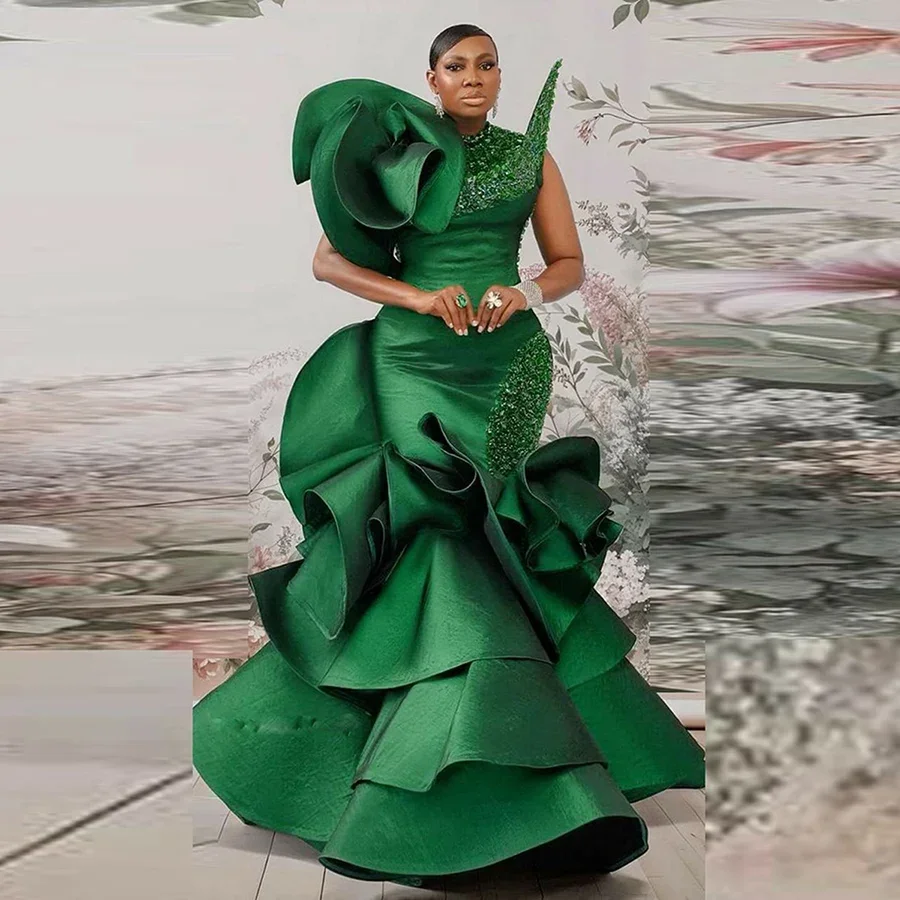 Elegante sirena verde 3D con perline Rufful abito da ballo da donna sexy collo alto senza maniche occasione formale abito da celebrità personalizzato