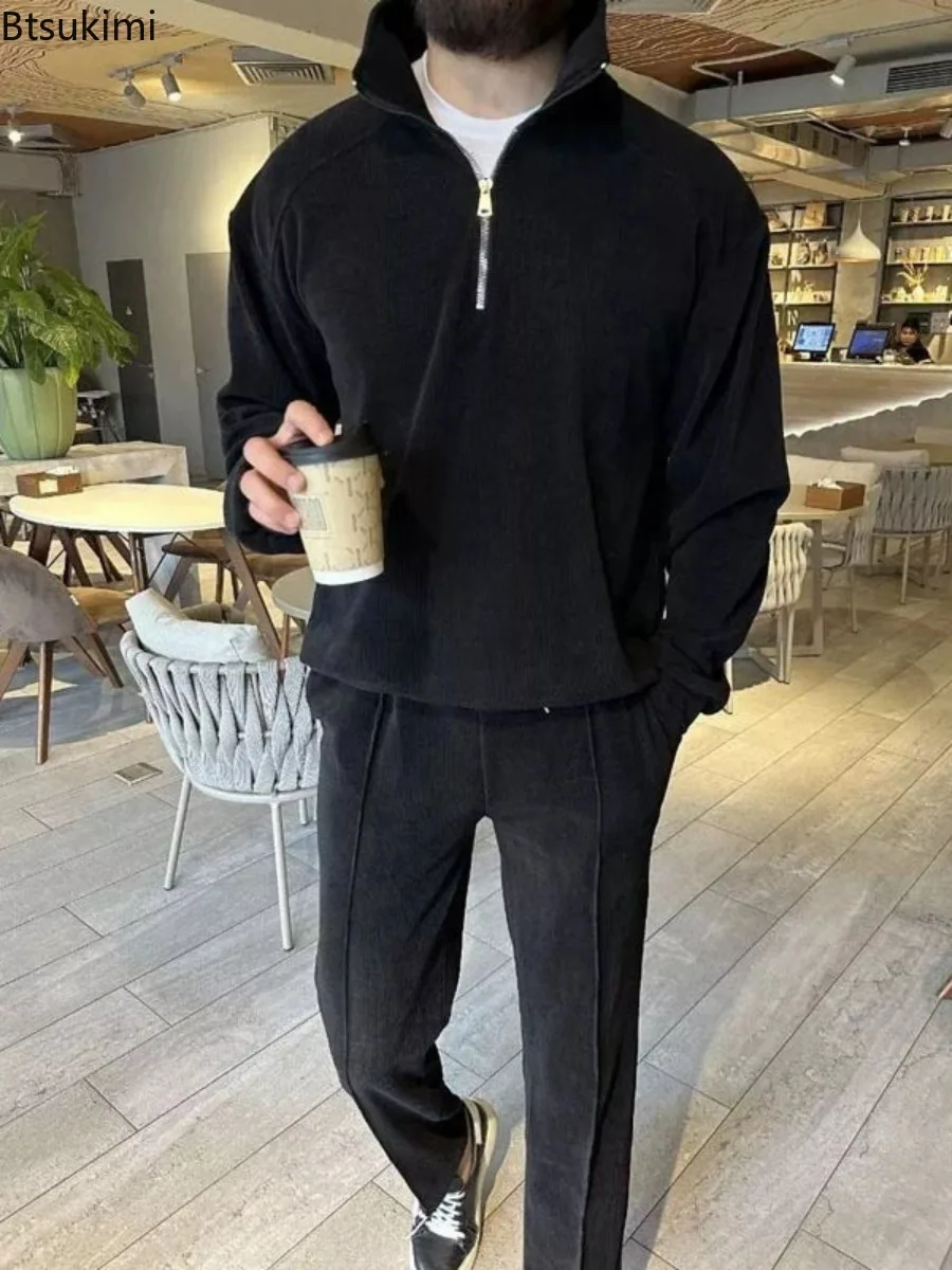 New Men's Corduroy Two Piece Sets Fashion Casual Long Sleeve Sweatshirts and Pants Trend Streetwear Spring Autumn Men Tracksuits