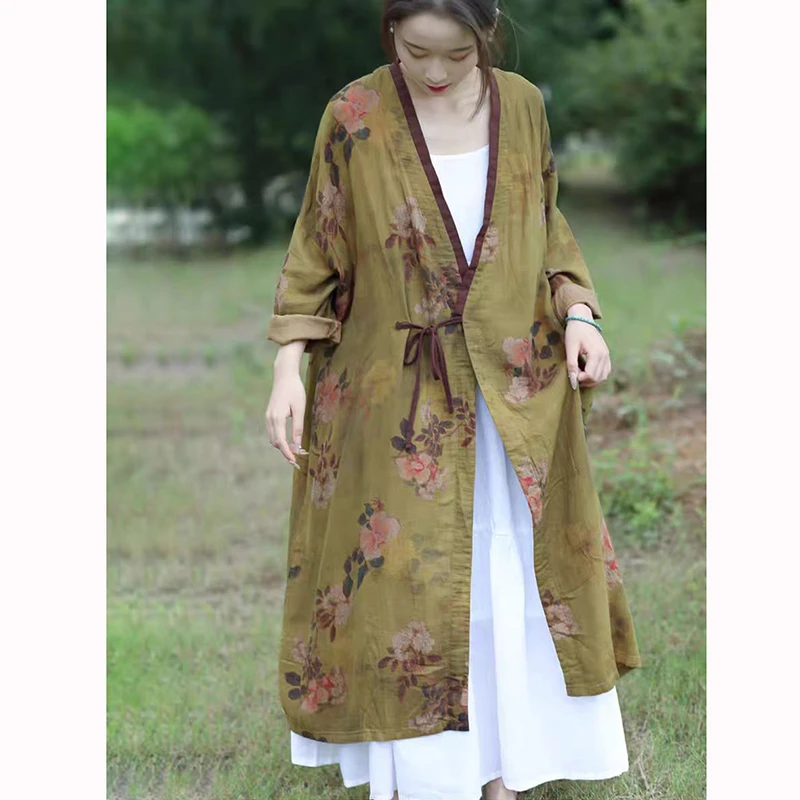 

Spring New Chinese Style Women V-neck Lacing Loose Long Dresses Vintage Flower Print Cotton Linen Long Dress High Quality T065
